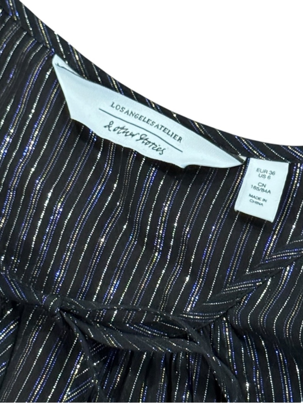 & Other Stories Black Iridescent Blue Metallic Pinstripe Peasant Blouse Size 6 - Picture 2 of 4
